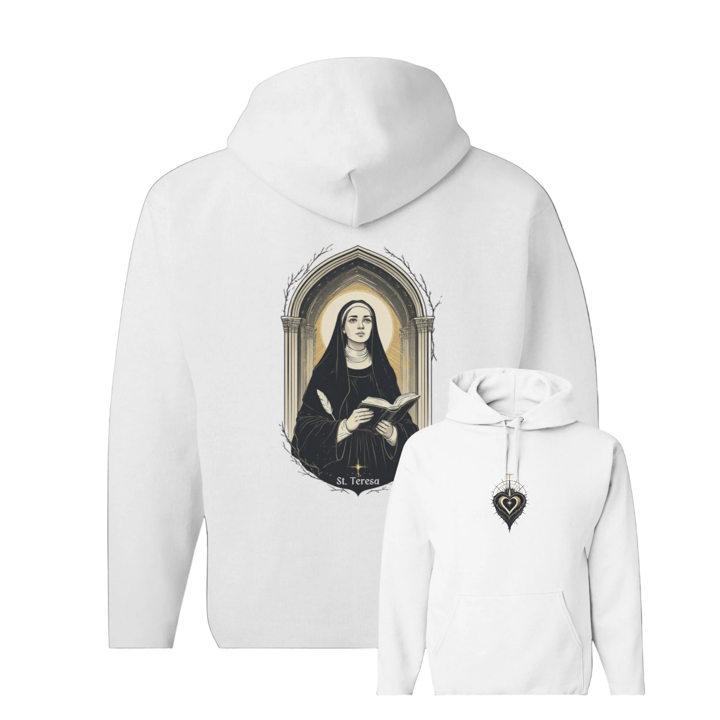 White hoodie with a printed design of a nun holding a book on a dark background