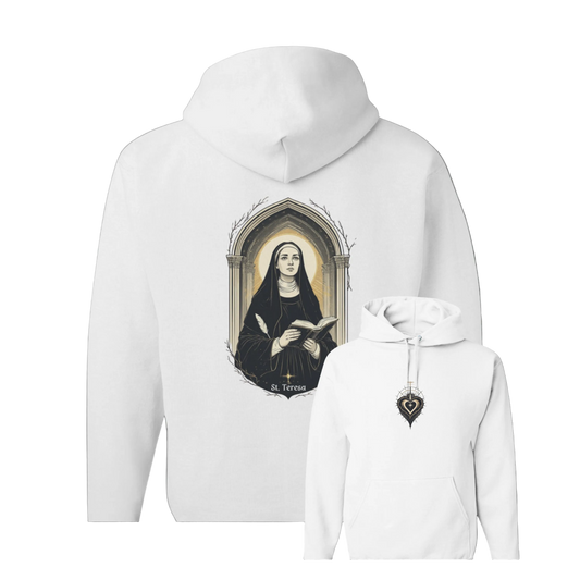 White hoodie with a printed design of a nun holding a book on a dark background