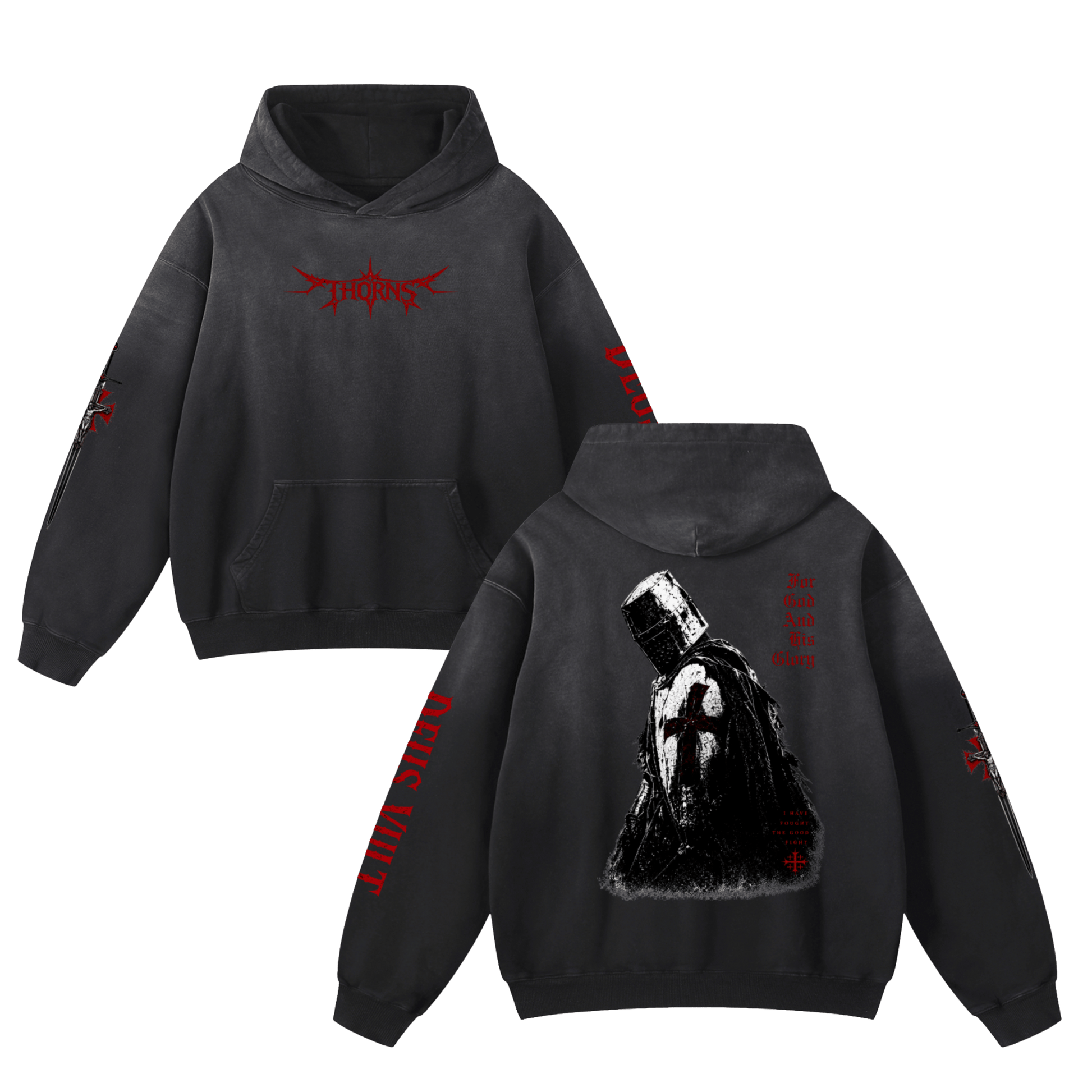 ForGodAndHisGlory,FoughtTheGoodFight,DeusVult,CrusaderHoodie,ChristianHoodie,CatholicHoodie,ChristianStreetwear,CatholicStreetwear,FaithBasedApparel,ReligiousClothing,SpiritualWarfare,CrusaderStyle,KnightHoodie,CrucifixSword,CrossHoodie,GothicChristian,GothicStreetwear,WashedBlackHoodie,ChristianApparel,THORNSApparel