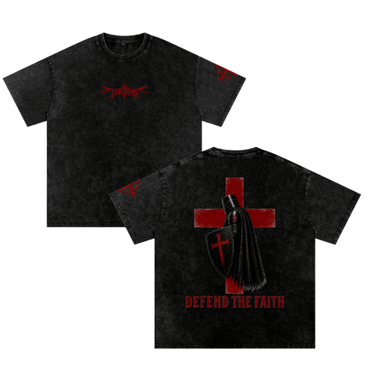 DefendTheFaith,CrusaderTee,ChristianShirt,CatholicShirt,ChristianStreetwear,CatholicStreetwear,FaithBasedApparel,ReligiousClothing,SpiritualWarfare,JerusalemCross,RedCrossShirt,KnightShirt,CrusaderShirt,GothicChristian,GothicStreetwear,WashedBlackTee,VintageWashTee,GraphicTee,THORNSApparel,ChristianApparel